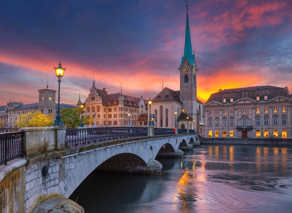 Downtown Zurich, Switzerland Cityscape During Sunset