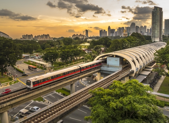 A train in Singapore and cityscape