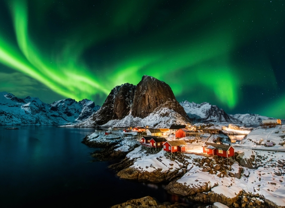 Aurora borealis (northern lights) over Hamnoy in Norway