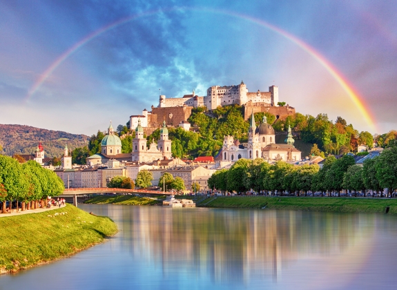 Austria, Rainbow over Salzburg castle