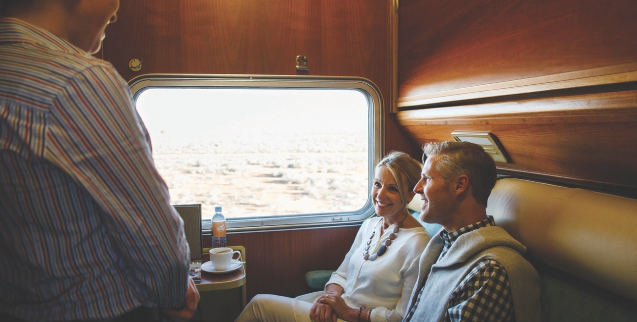 Onboard the Indian Pacific A couple sat in a twin cabin onboard the train