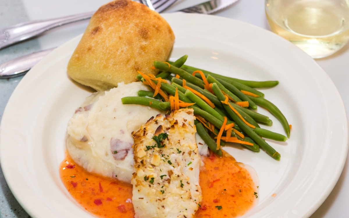 fish in dining onboard on the Alaska Railroad