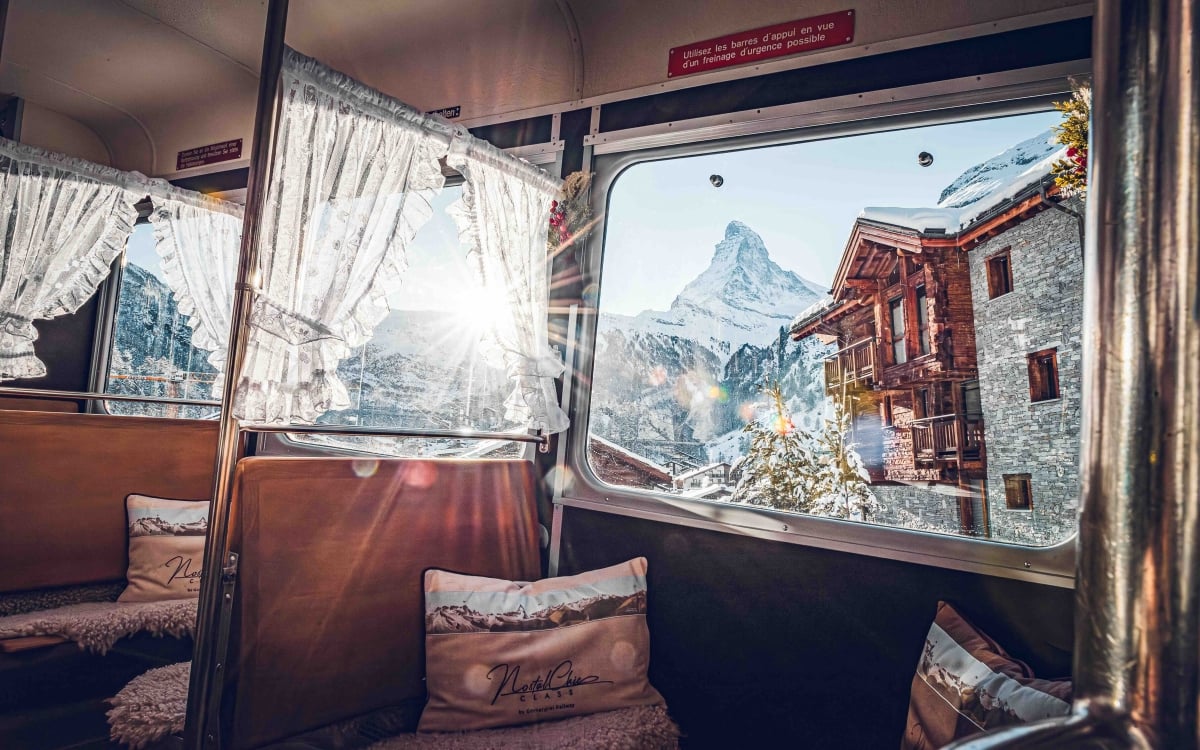 view out the window of nostalchic class onboard the gornergrat 