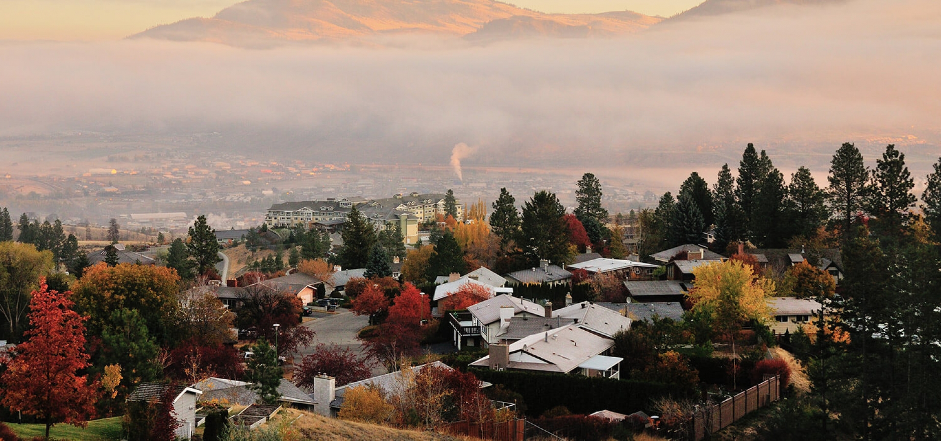 An aerial view of the city of Kamloops, British Colombia during the autumn.