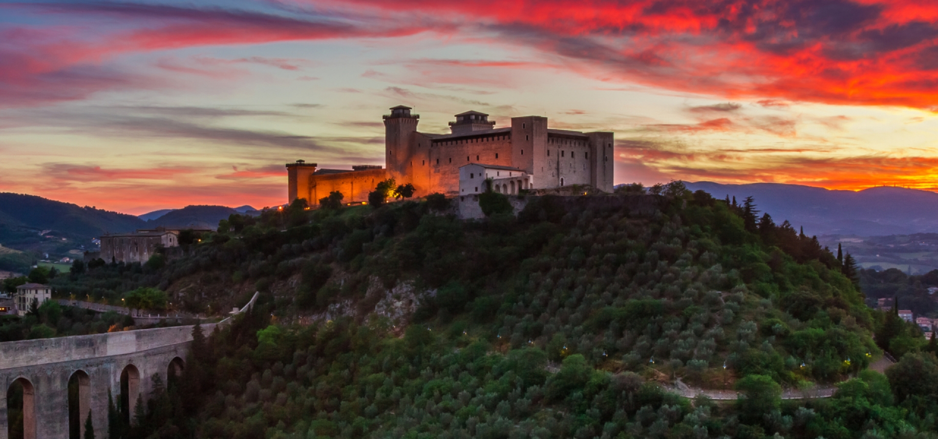 Stunning castle in Spoleto at sunset, Italy, Umbria