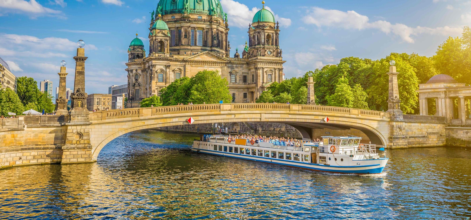 Beautiful view of historic Berlin Cathedral with River Cruise