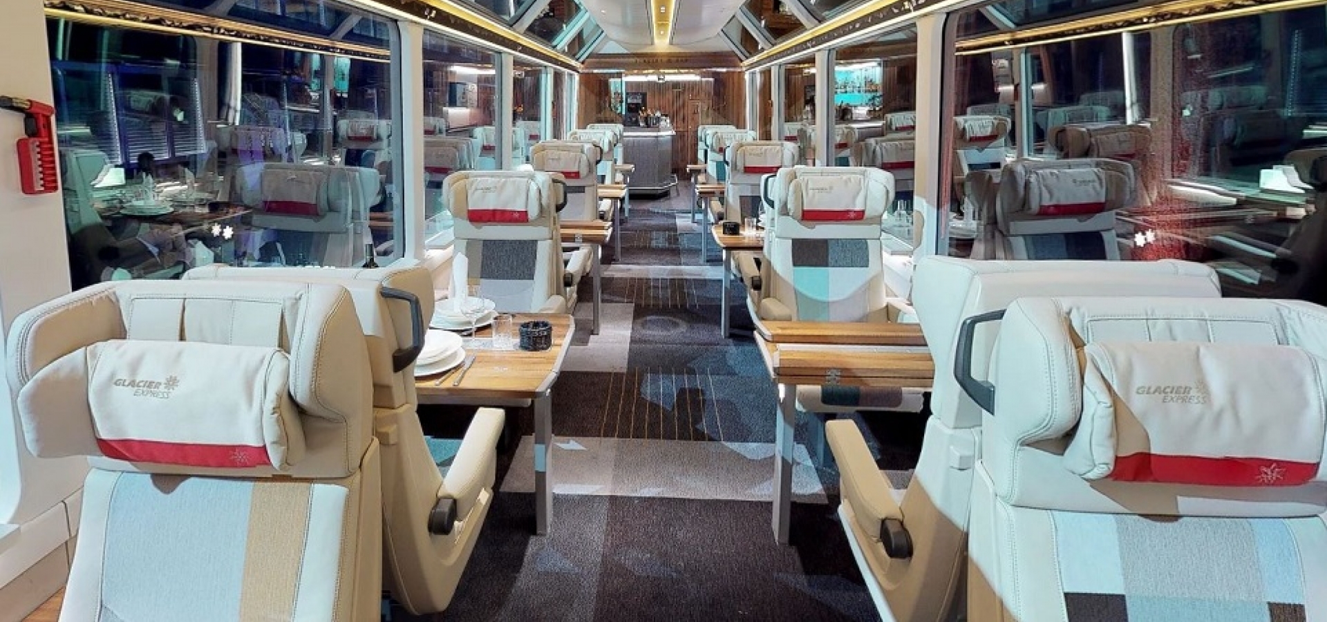 Inside an empty luxury train carriage