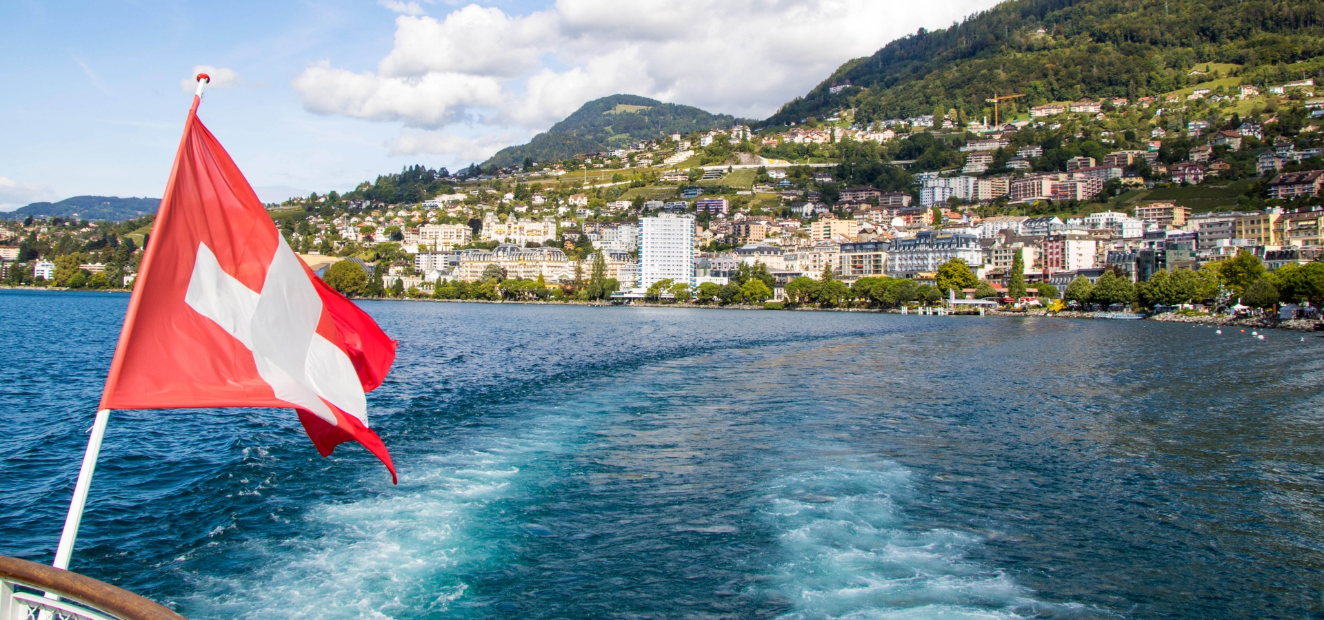 View of Montreux from a boat on Lake Geneva (Vaud, Switzerland)