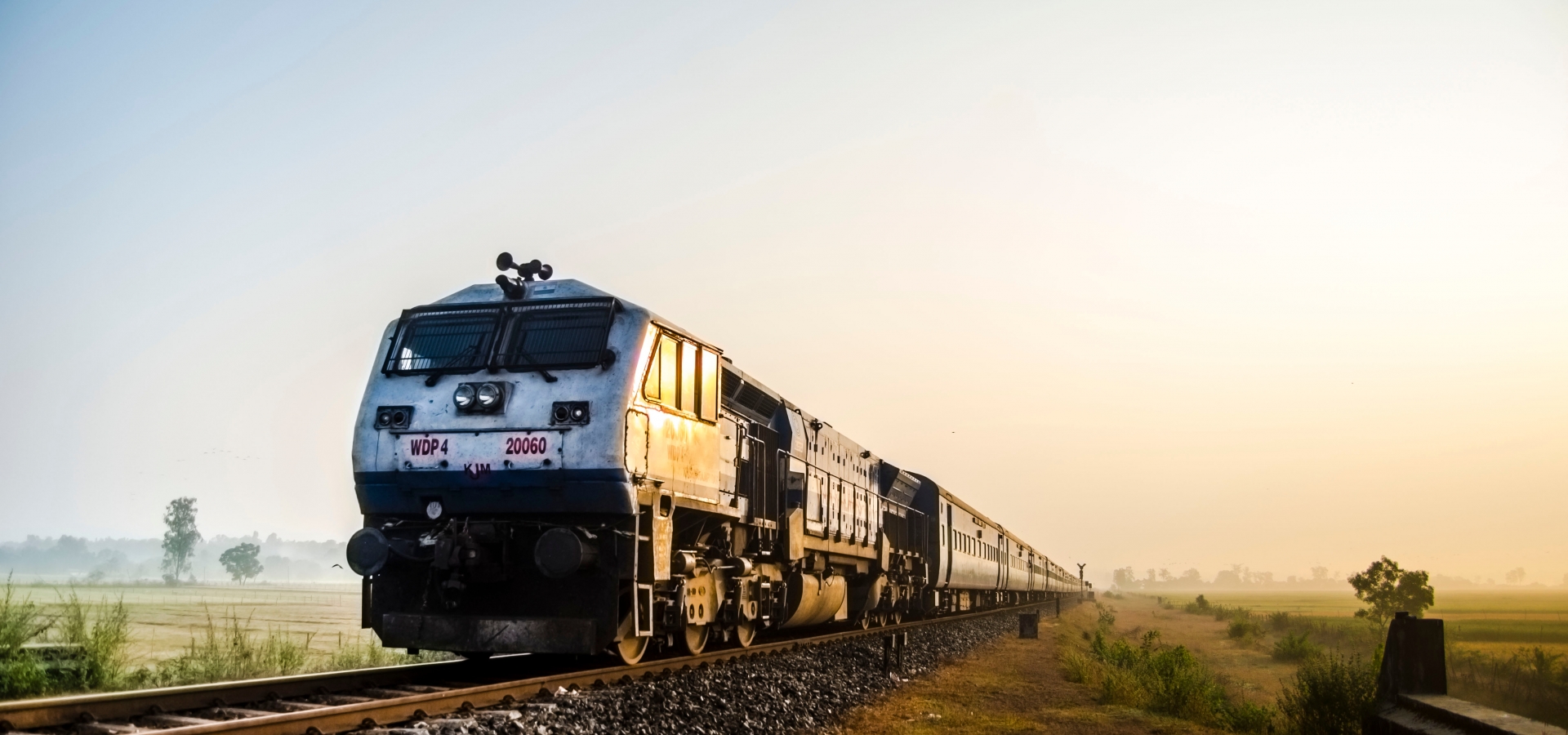 A train travels through paddy fields