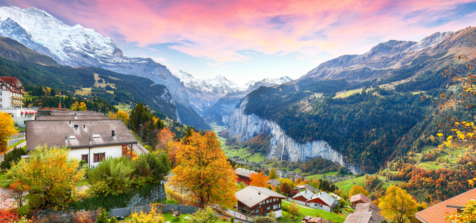 Wengen Switzerland mountain sunset view in autumn