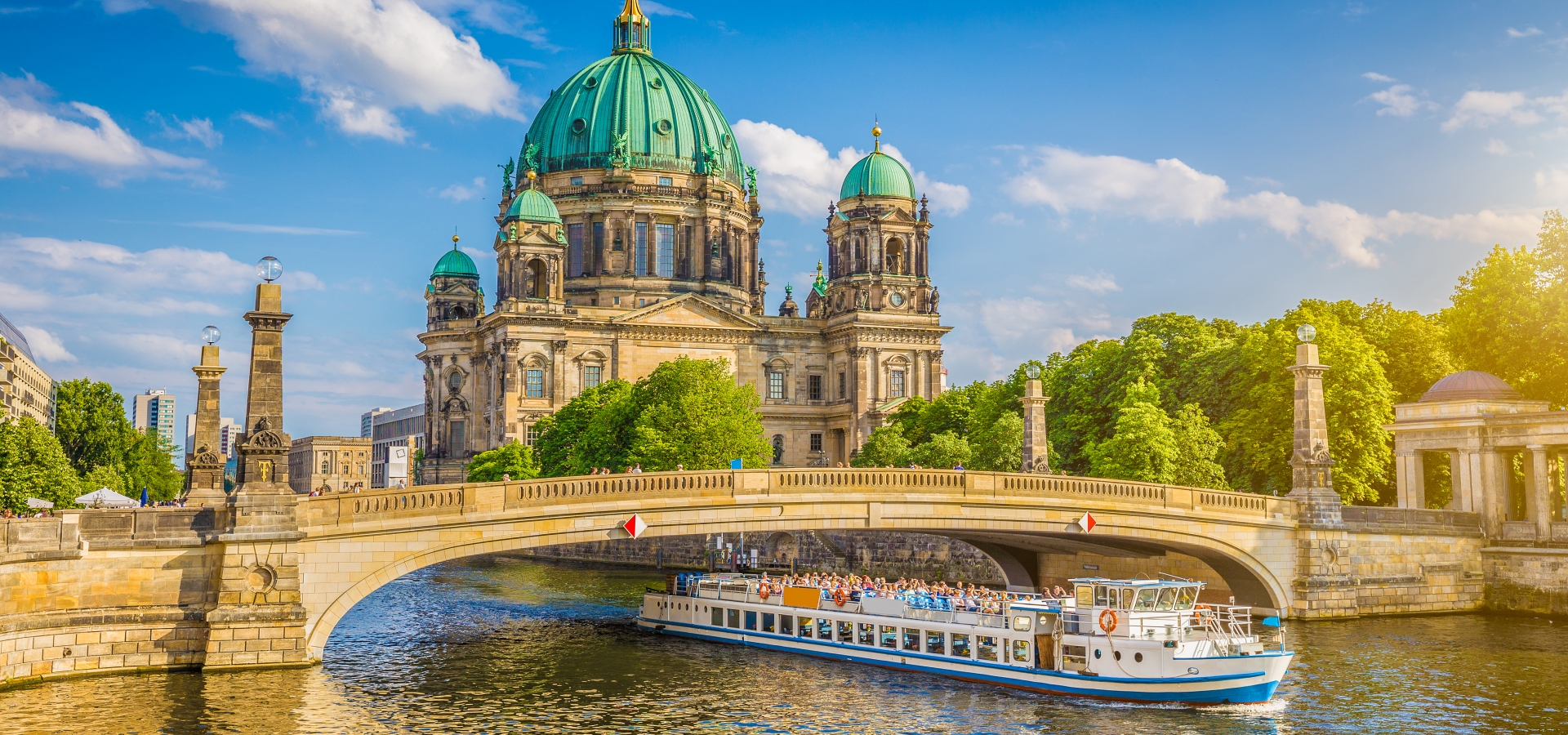 Beautiful view of historic Berlin Cathedral with River Cruise