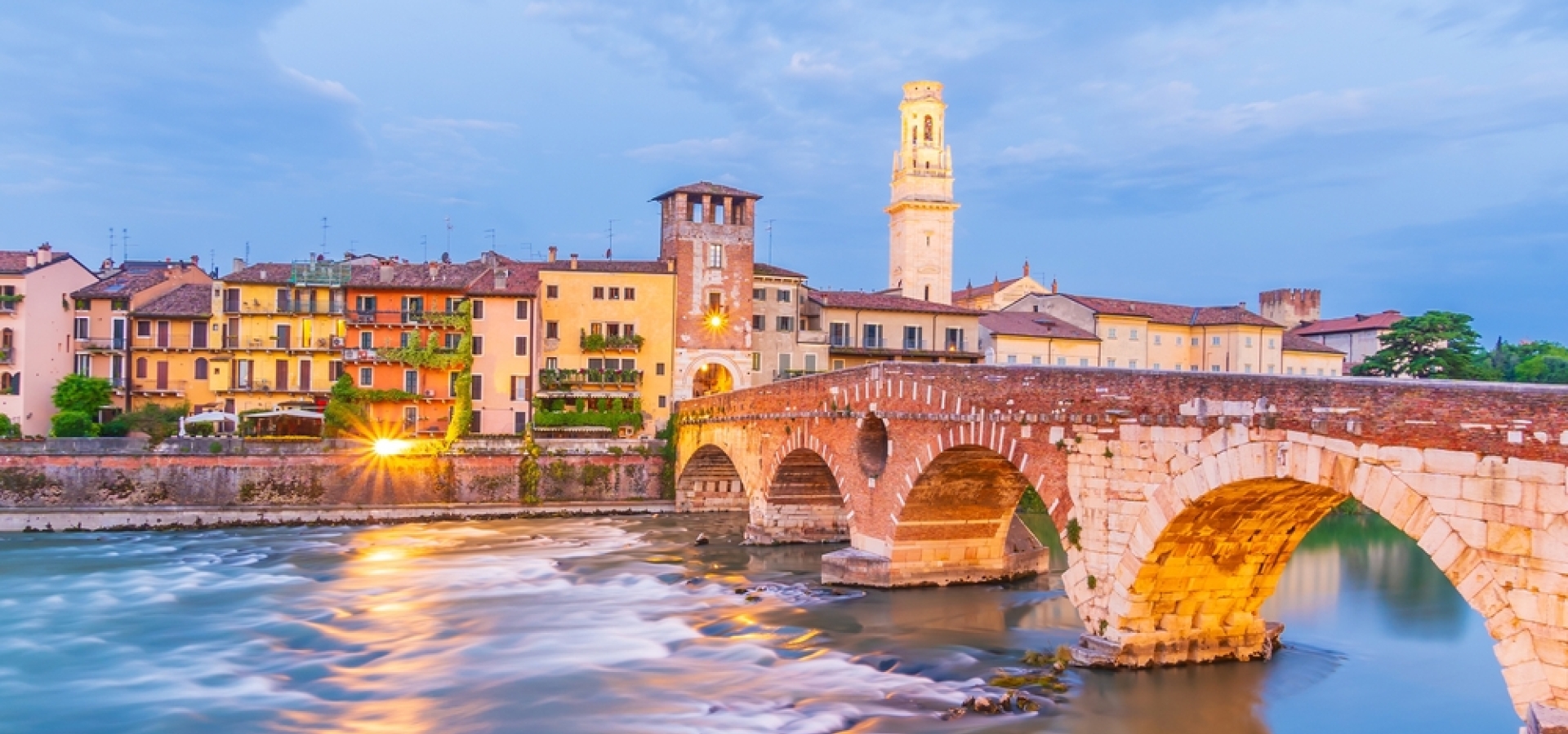 Verona city downtown skyline, cityscape of Italy at sunset