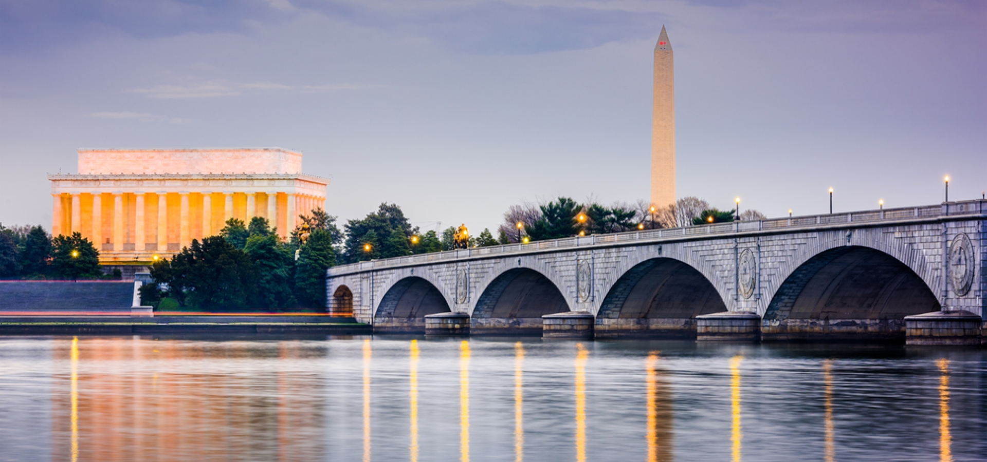 potomac river with the lincoln memorial and washington monument at arlington memorial bridge