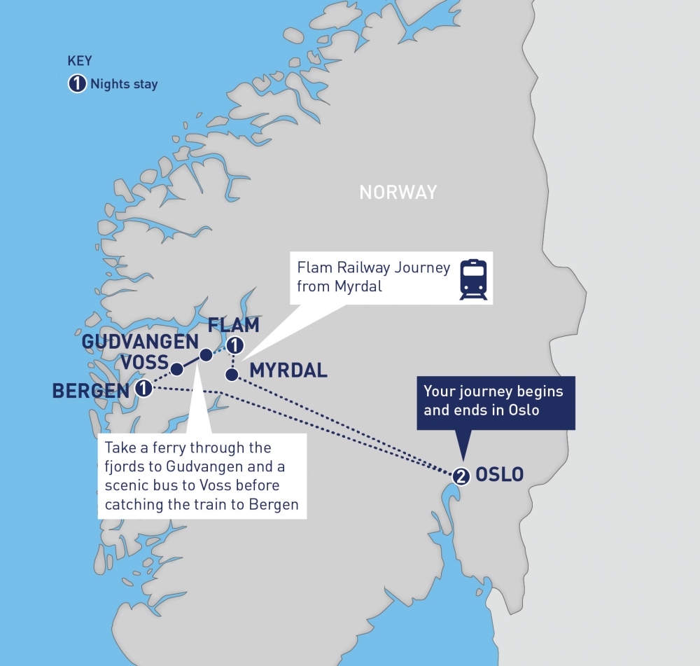 Map of Norway in a Nutshell train trip