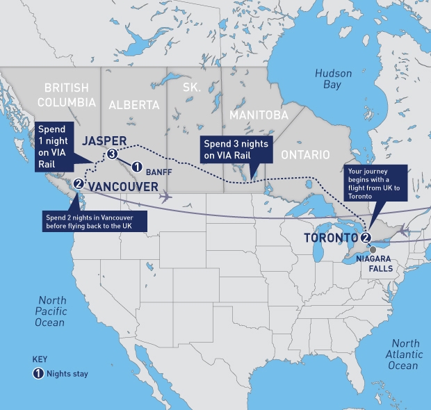 Map of the Ultimate Canada and Rockies Westbound trip from London