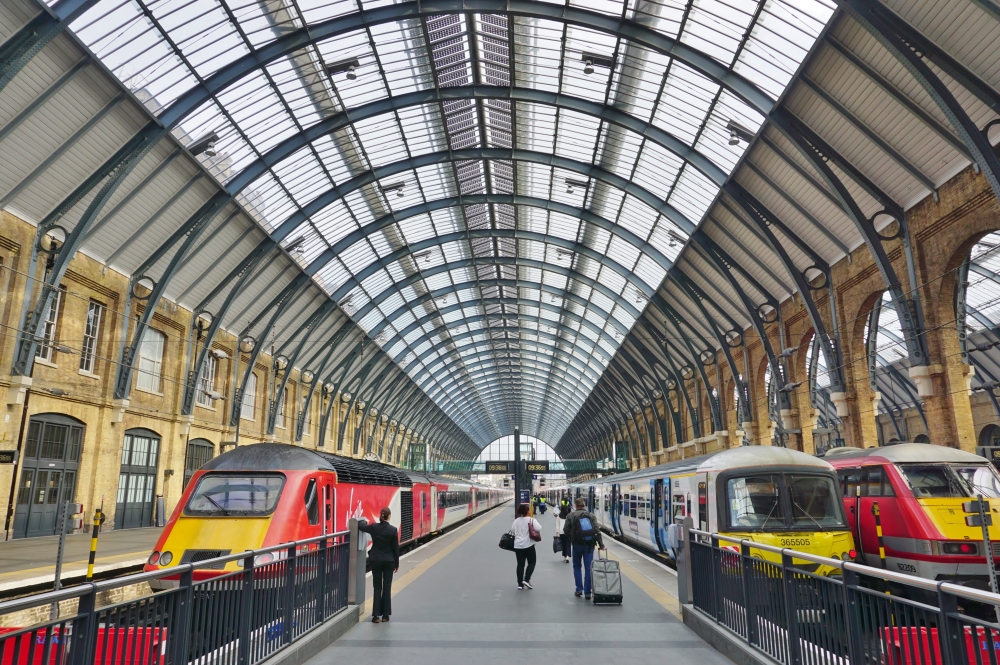 A train station with 2 platforms, trains ready to board